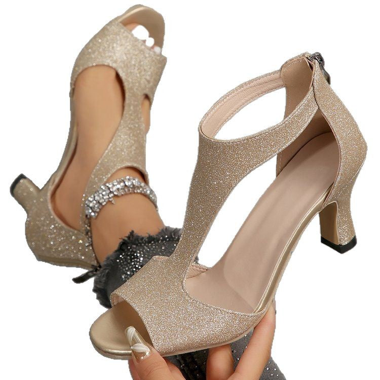 Damen Glitzernde High Heel Sandalen mit offenem Zehenbereich EB