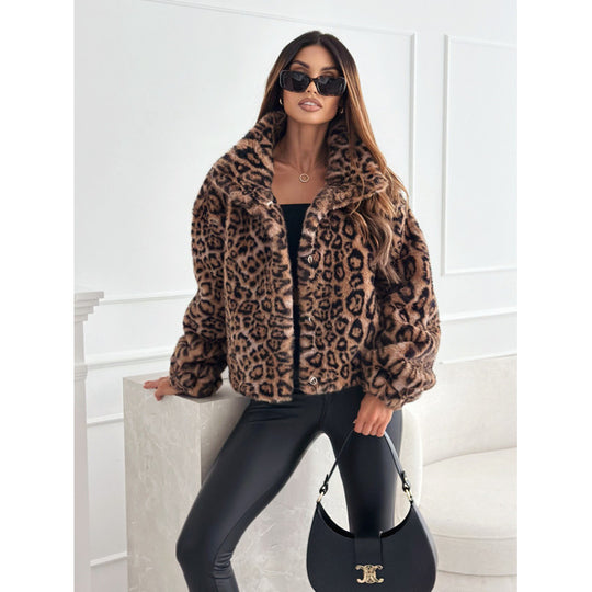 Damen Kunstpelz Leopardenmuster Jacke EB