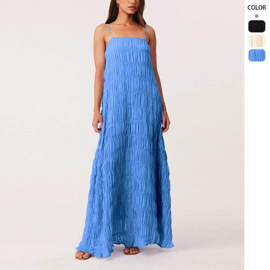 Damen Maxikleid mit romantischem Faltenstruktur und zarten Spaghettiträgern EB
