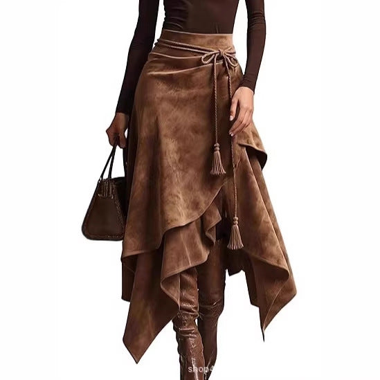 Damen asymmetrischer Wickelrock mit dekorativen Quasten EB