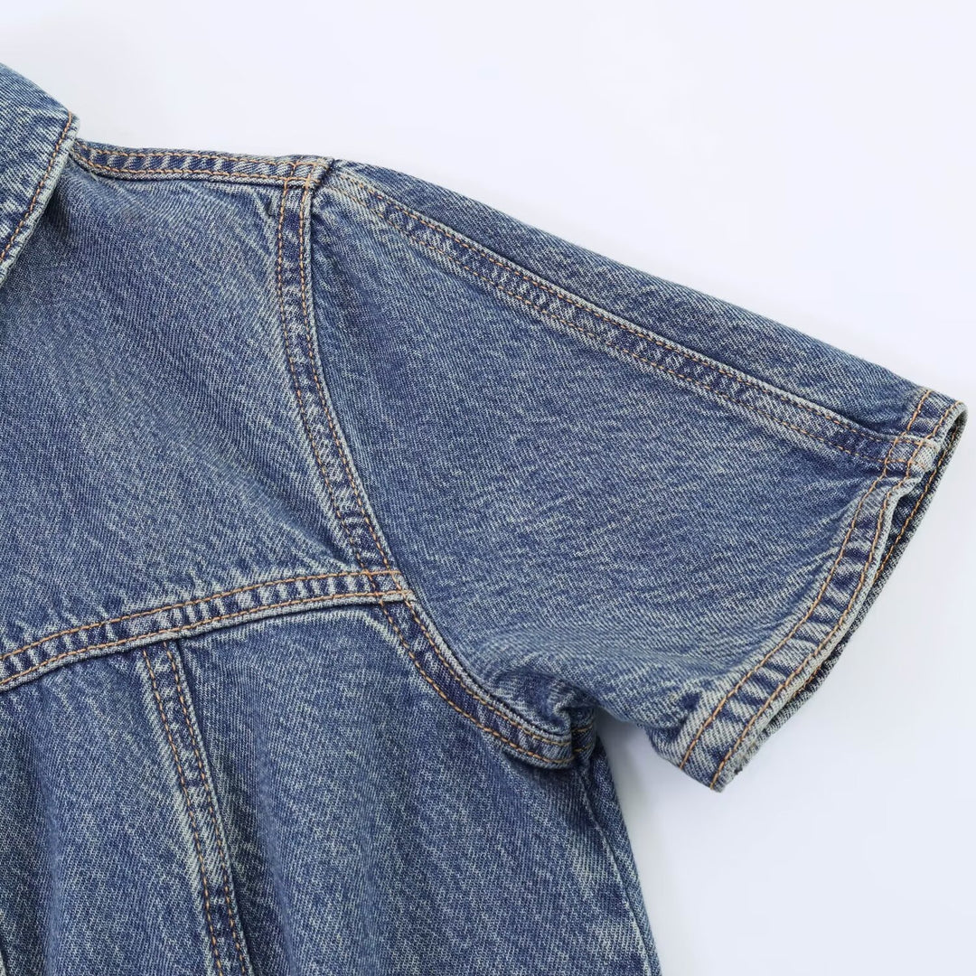 Damen Jeanskleid mit Taillengürtel und Kurzarm EB