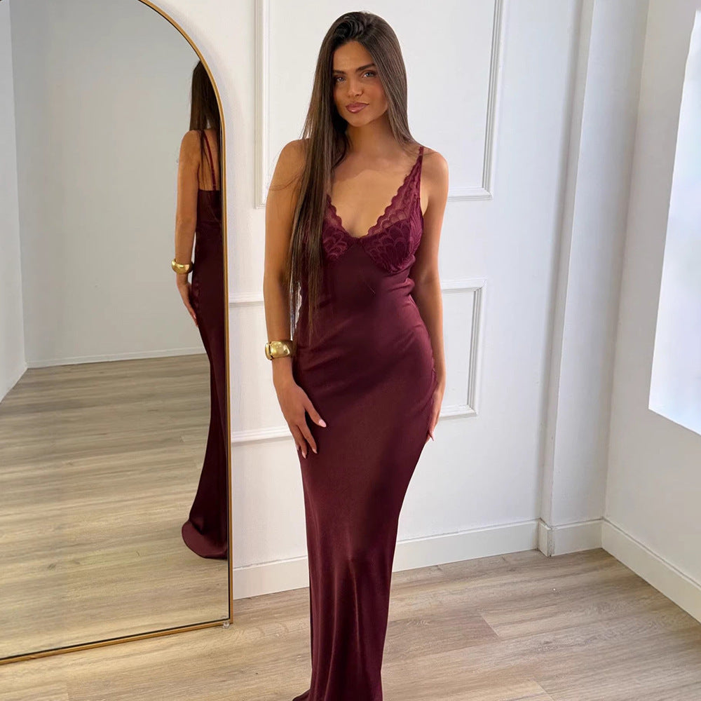 Damen Elegantes Seiden-Maxikleid mit Spitzenverzierung EB
