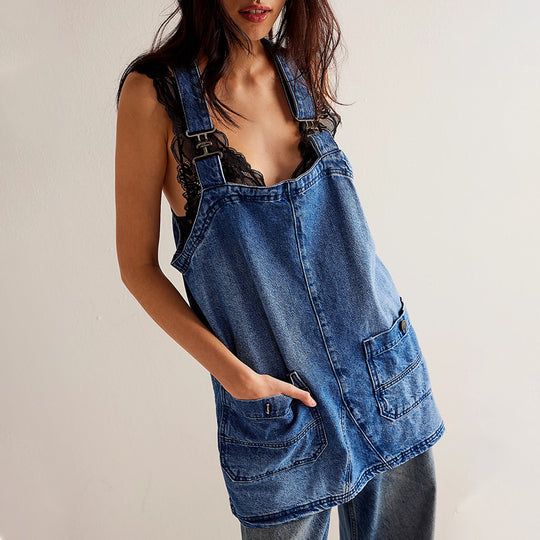 Damen Jeanslatzhängerkleid mit verstellbaren Trägern und praktischen Taschen EB