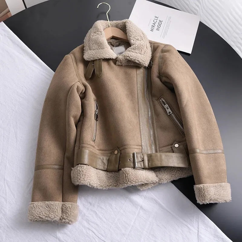 EB |Damen Bikerjacke in Wildlederoptik mit Teddyfutter