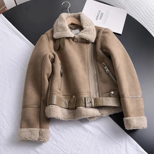 EB |Damen Bikerjacke in Wildlederoptik mit Teddyfutter