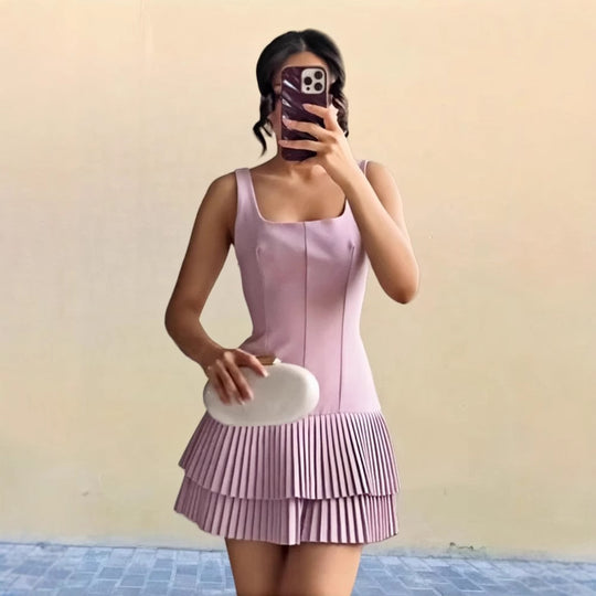 Damen Plissiertes Mini-Kleid mit ausgestelltem Rock EB