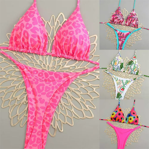 Damen Triangelbikini mit buntem Muster und verstellbaren Trägern EB