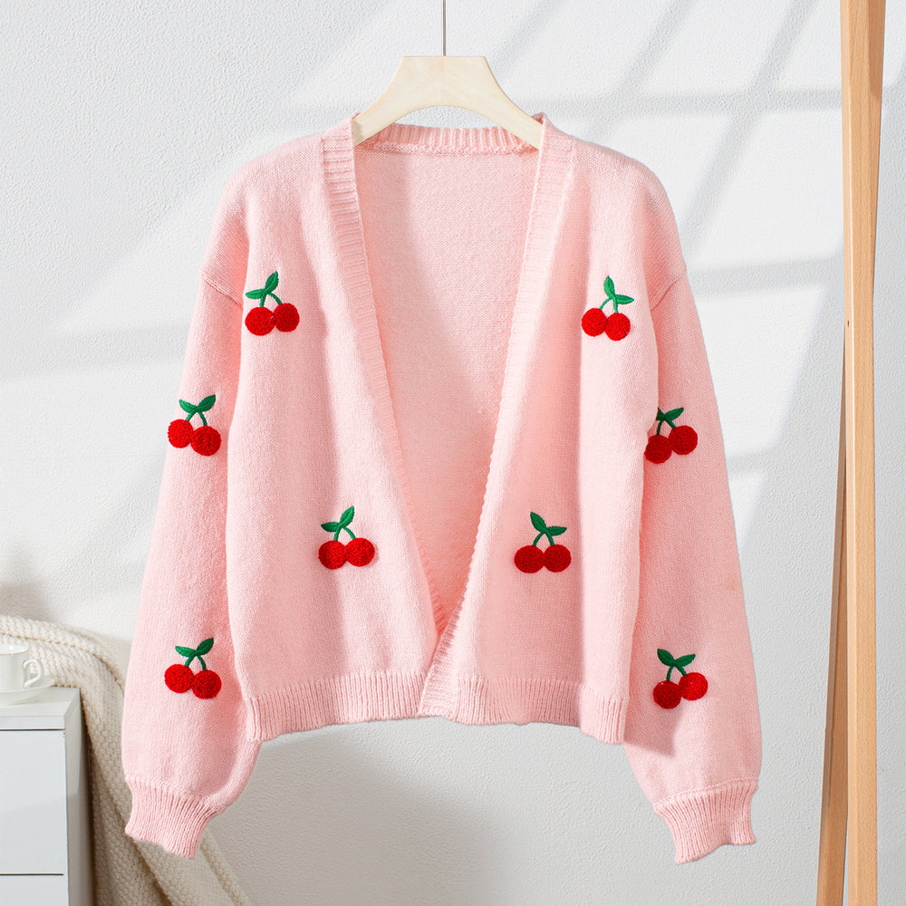 Damen kuschelige Strickjacke mit kirschmotivierten Applikationen EB