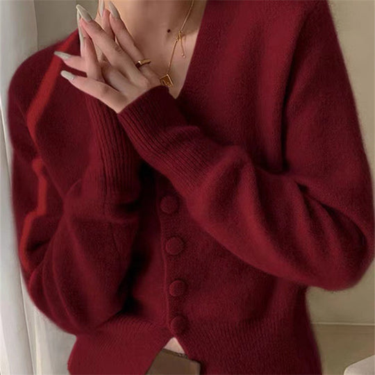 Damen Flauschiger Cardigan mit V-Ausschnitt und dekorativen Knöpfen EB