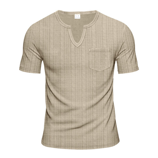 Herren nan Kurzarmshirt mit geschlitztem V-Ausschnitt strukturierter Leinenoptik und aufgesetzter Brusttasche EB