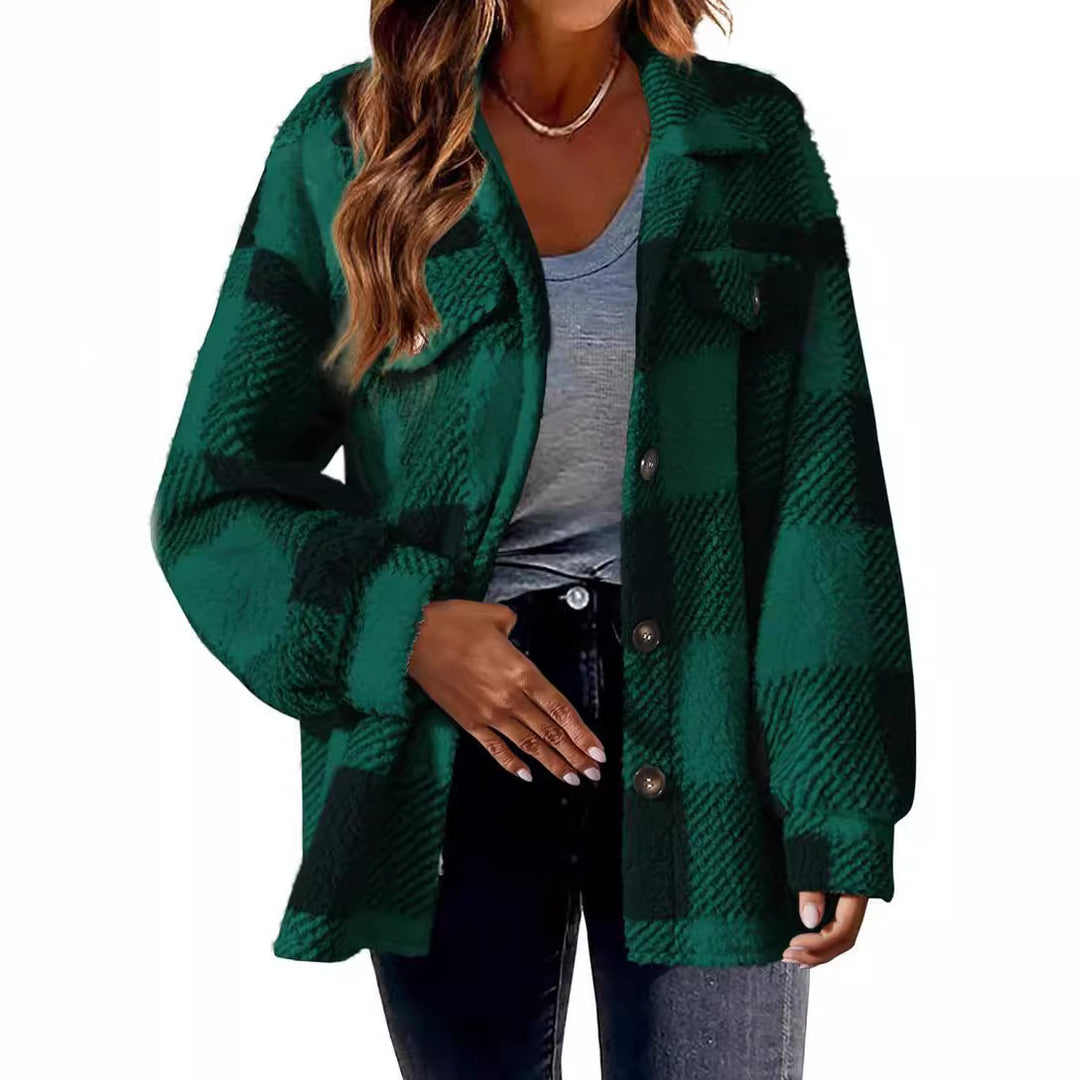 Damen nan kuschelige Sherpa-Karo-Übergangsjacke mit Brusttaschen und großzügigem Oversize-Schnitt EB