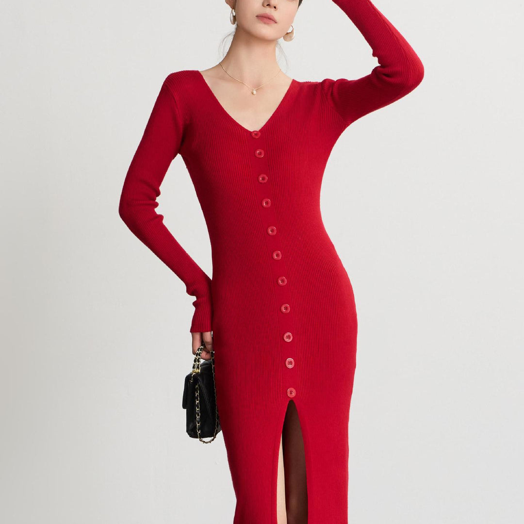 Damen Langes Strickkleid mit V-Ausschnitt und durchgehender Knopfleiste EB