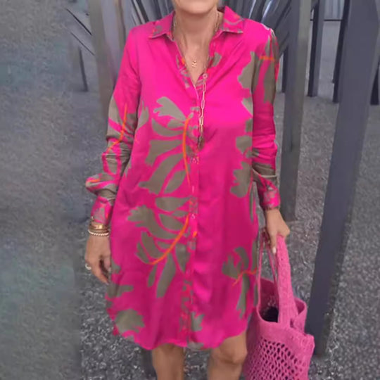 Damen Hemdblusenkleid mit kunstvollem Floral-Design und Knopfdetails Heidi-Mode