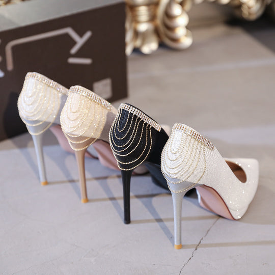 Damen nan elegante Abend-Pumps mit feinem Glitzermesh, spitzer Zehenpartie, filigranem Stilettoabsatz und dekorativer Fersenapplikation EB