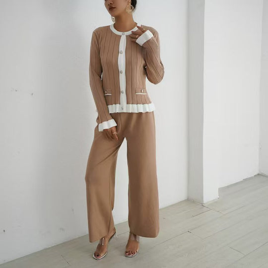 Damen elegantes Strick-Loungewear-Set mit dekorativen Details EB