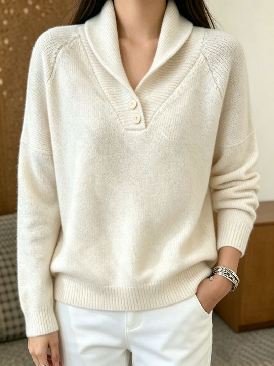 Damen Weicher Schalkragen‑Pullover mit halber Knopfleiste und Raglanärmeln EB
