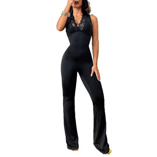 Damen eleganter Jumpsuit mit Spitzenapplikationen EB