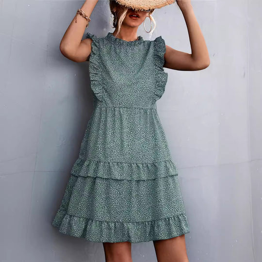 Damen luftiges Sommerkleid mit voluminösen Rüschensäumen und femininer Silhouette EB