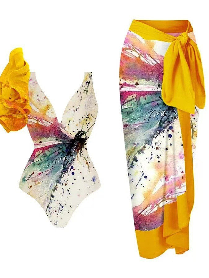 Damen Badeanzug mit voluminösen Rüschendetails und passendem Wickelrock EB