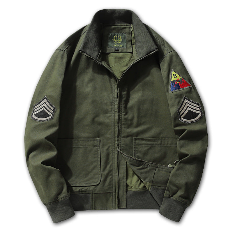 Herren Baumwoll-Canvas-Bomberjacke mit gestickten Patches und Stehkragen EB