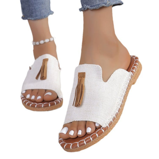 Damen Offene Pantoletten mit Quaste im Espadrille‑Stil EB