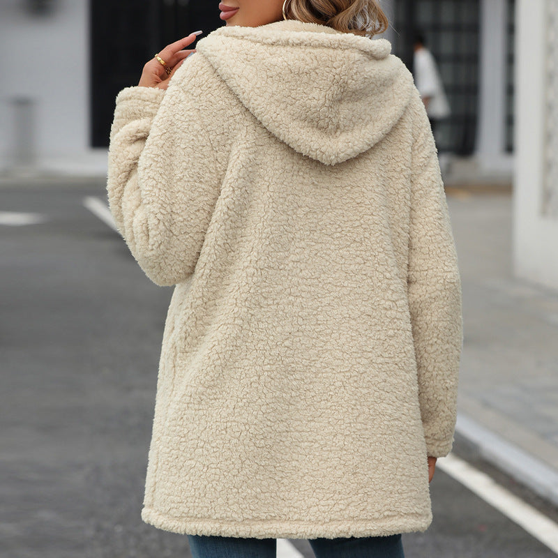 Damen Oversized Teddyjacke mit Kapuze und praktischen Taschen EB
