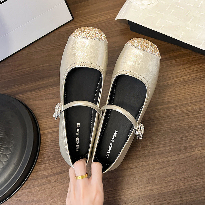 Damen Ballerinas mit modischem Riemen und glitzernder Oberfläche EB