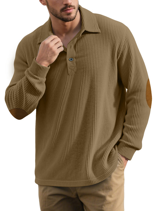 Herren nan gerippter Freizeit-Polo mit Kentkragen, kurzer Knopfleiste und Velours-Ellenbogenpatch EB