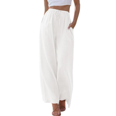 Damen nan weite Leinenhose mit elastischem Bund Kordel und Seitentaschen EB