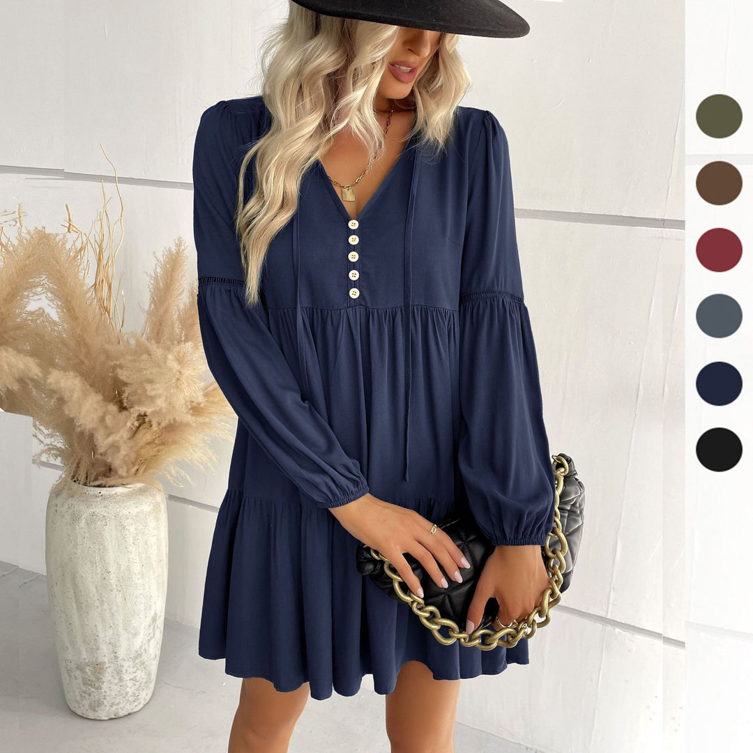 Damen lässiges Tunika-Kleid mit Knopfdetail und Volant-Design EB