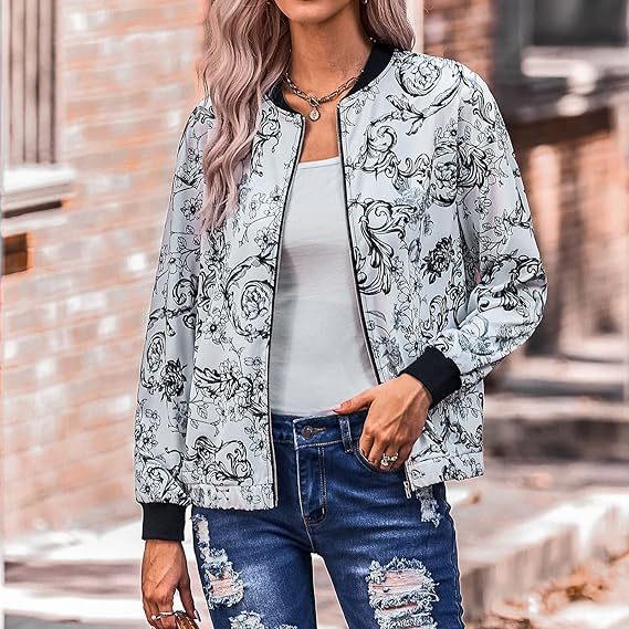 Damen Bomberjacke mit floralen Motiven und elastischen Bündchen EB