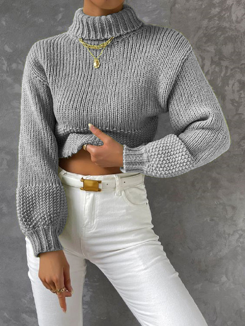 Damen trendiger Pullover mit hoch geschlossenem Kragen und voluminösen Ärmeln EB