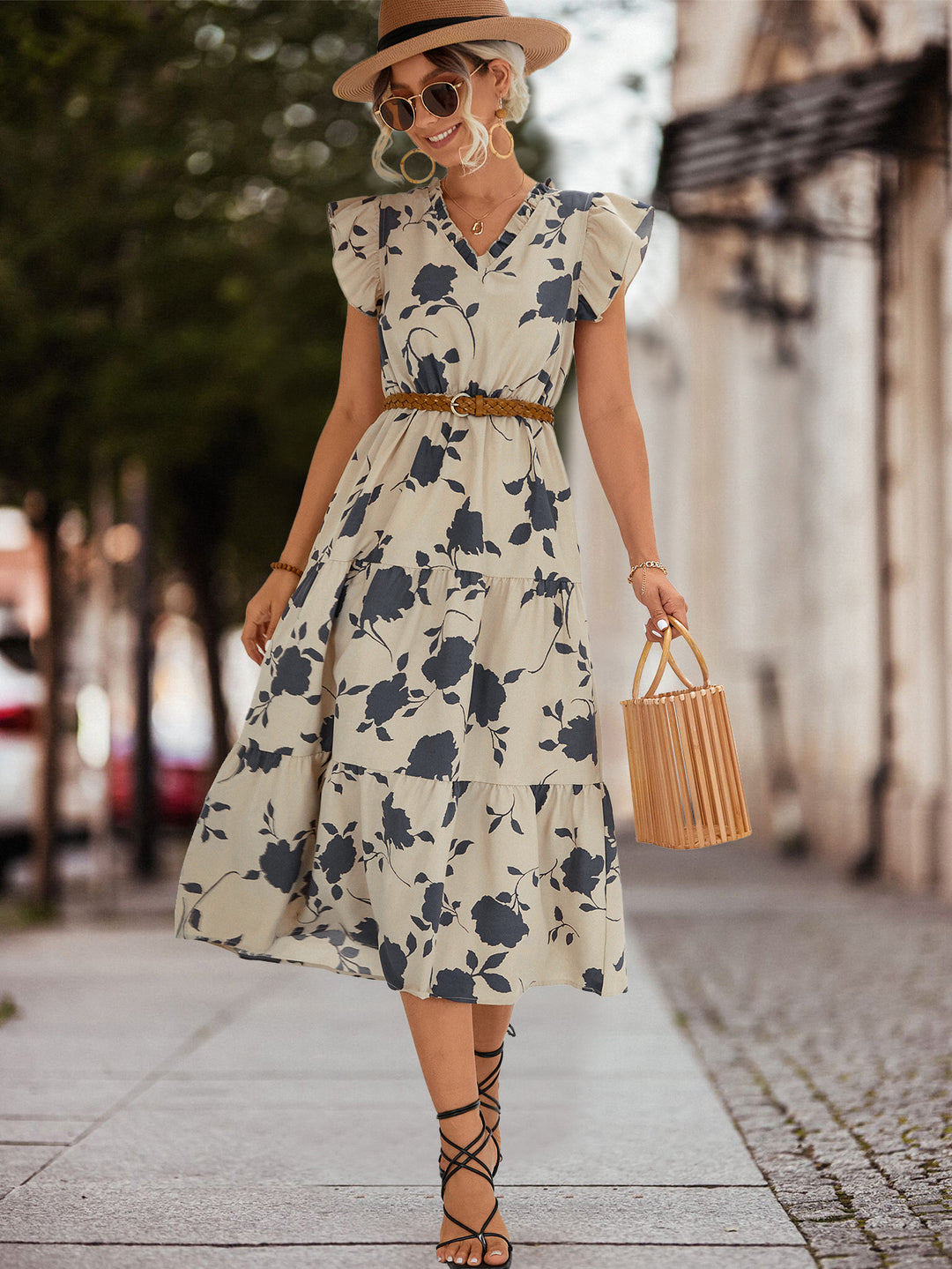 Damen Midi-Kleid mit floralen Rüschendetails und elastischem Taillengürtel EB