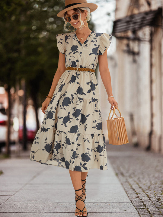 Damen Midi-Kleid mit floralen Rüschendetails und elastischem Taillengürtel EB