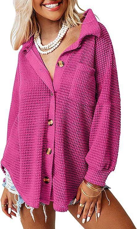 Damen lässige Waffle-Hemdenjacke mit Knopfverschluss EB