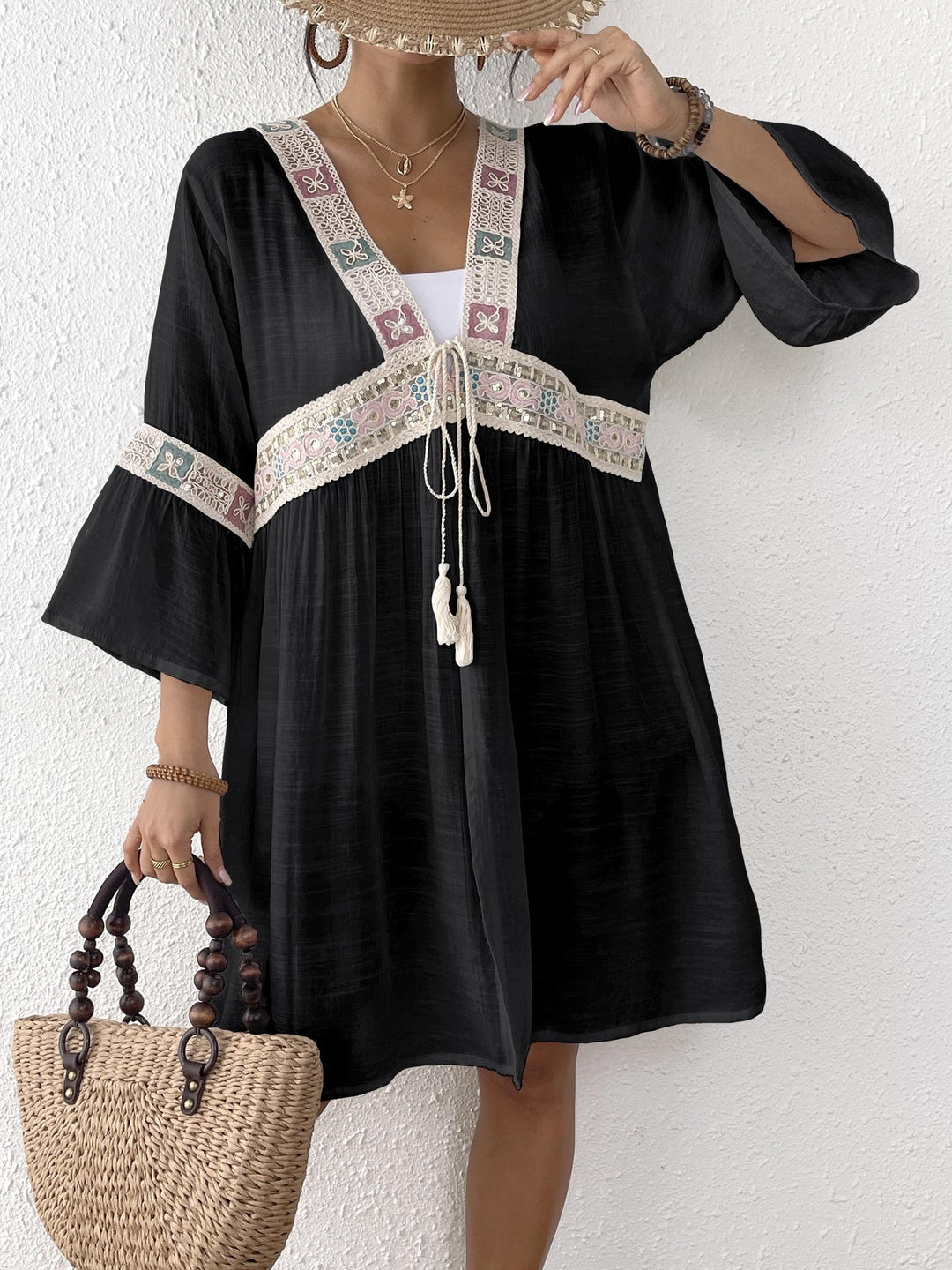 Damen luftiger Strandkimono mit floralen Stickereien EB