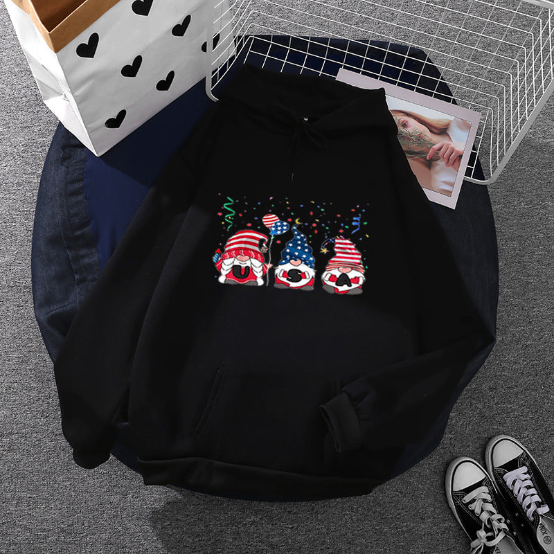 Damen nan Kapuzenpullover mit patriotischem Gartenzwerg-Print, angerautem Fleece-Innenfutter, Oversize-Schnitt und Kängurutasche EB