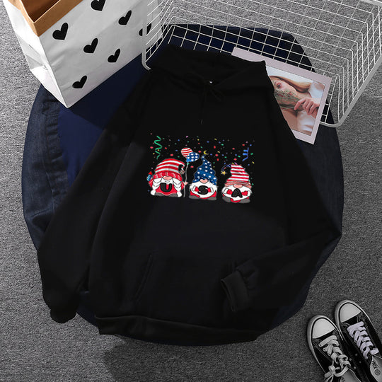 Damen nan Kapuzenpullover mit patriotischem Gartenzwerg-Print, angerautem Fleece-Innenfutter, Oversize-Schnitt und Kängurutasche EB