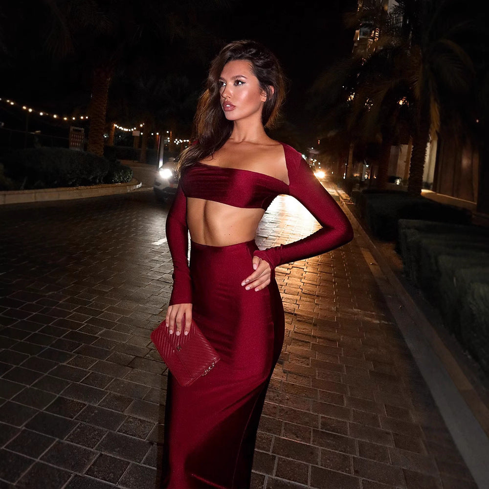 Damen elegantes Two-Piece Set mit figurbetontem Crop-Top und langem Rock EB