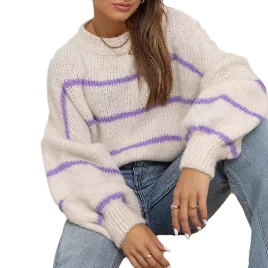 Damen grob gestrickter Pullover mit modernen Streifen und lässigem Schnitt EB