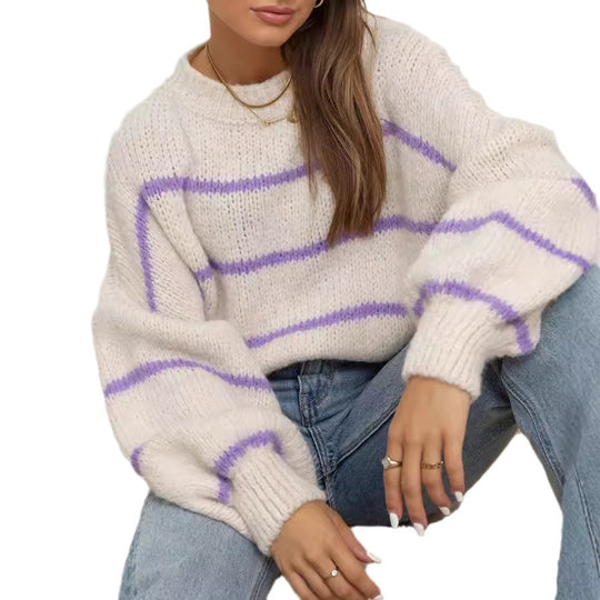 Damen grob gestrickter Pullover mit modernen Streifen und lässigem Schnitt EB