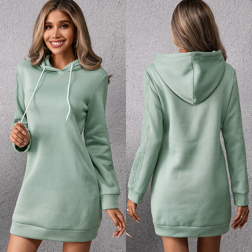 Damen lässiges Sweatkleid mit Kapuze und praktischen Taschen EB