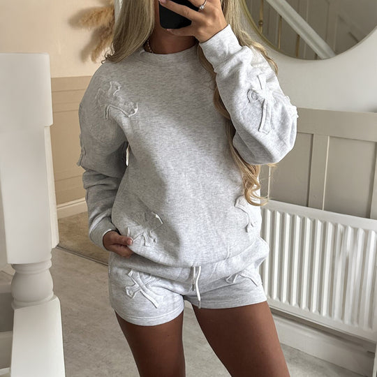Damen nan lässiges Sweatshirt- und Short-Set mit dekorativen Schleifen-Applikationen, hohem Rundhalsausschnitt und Tunnelzugbund EB