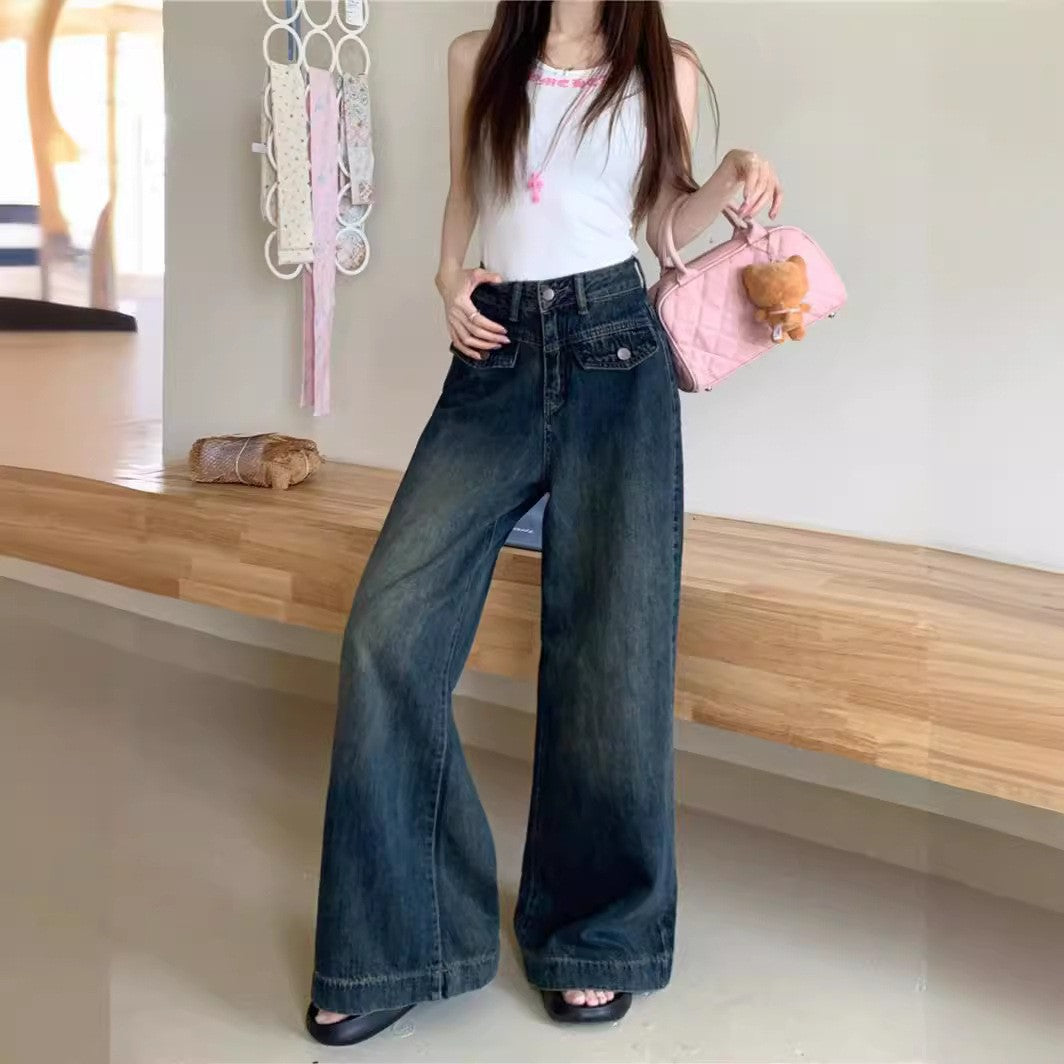 Damen Weit geschnittene Denim-Hose mit hohen Taschen und modischem Schnitt EB