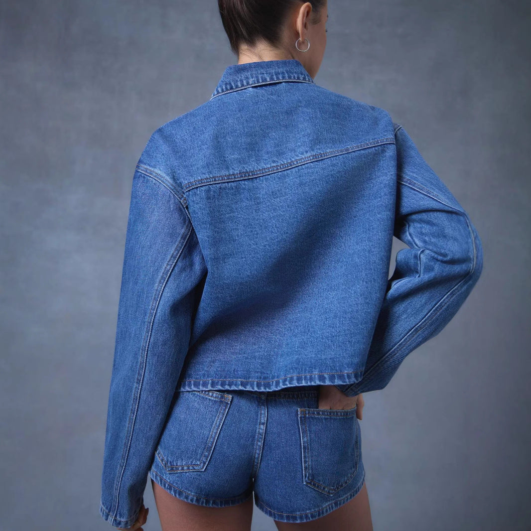 Damen modische Denimjacke mit dekorativen Kordelzügen EB