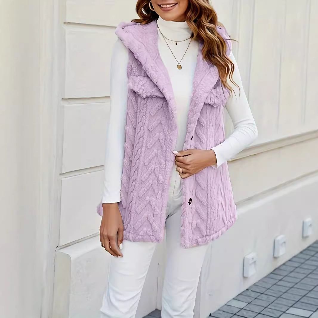 Damen lange Strickweste mit kapuze und aufgesetzten Taschen EB