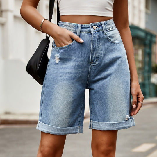 Damen entspannte Denim-Shorts mit umgeschlagenem Saum EB