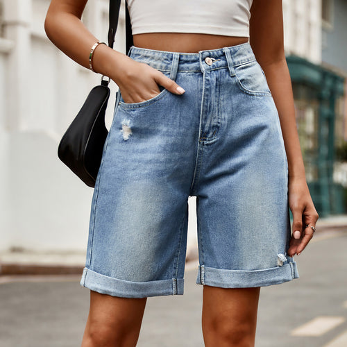 Damen entspannte Denim-Shorts mit umgeschlagenem Saum EB