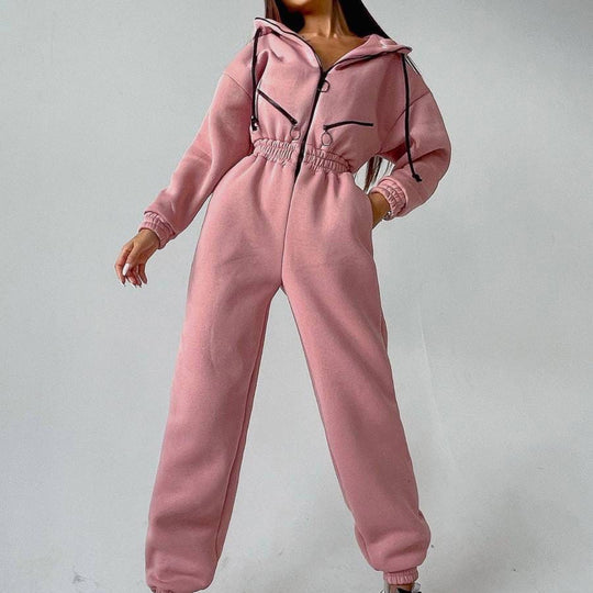 Damen taillierter Kapuzen-Jumpsuit mit elastischem Bund und markanten Kontrast-Reißverschlüssen EB
