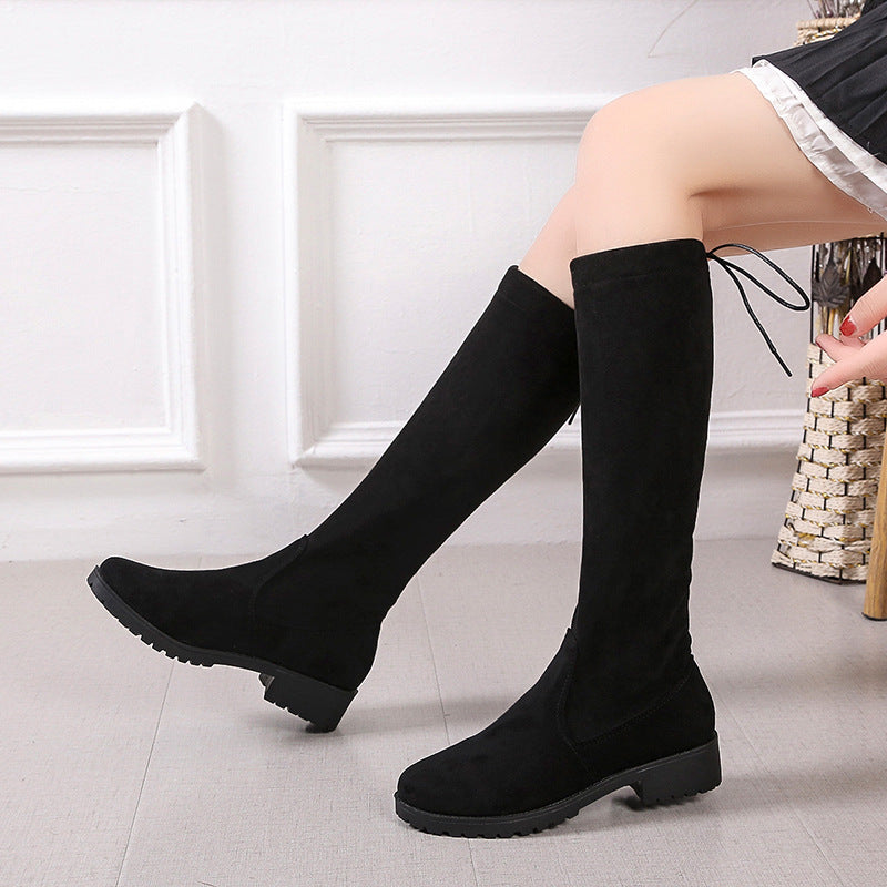 Damen Überknee-Stiefel mit samtiger Oberfläche und verstellbarem Schnürdetail EB